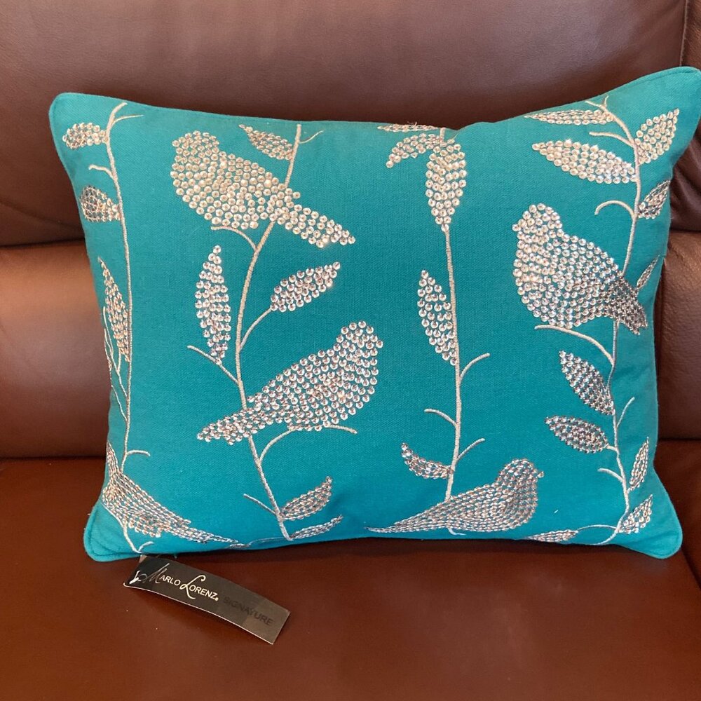 NEW Super Cute Turquoise w/Silver Birds Decorative Pillow